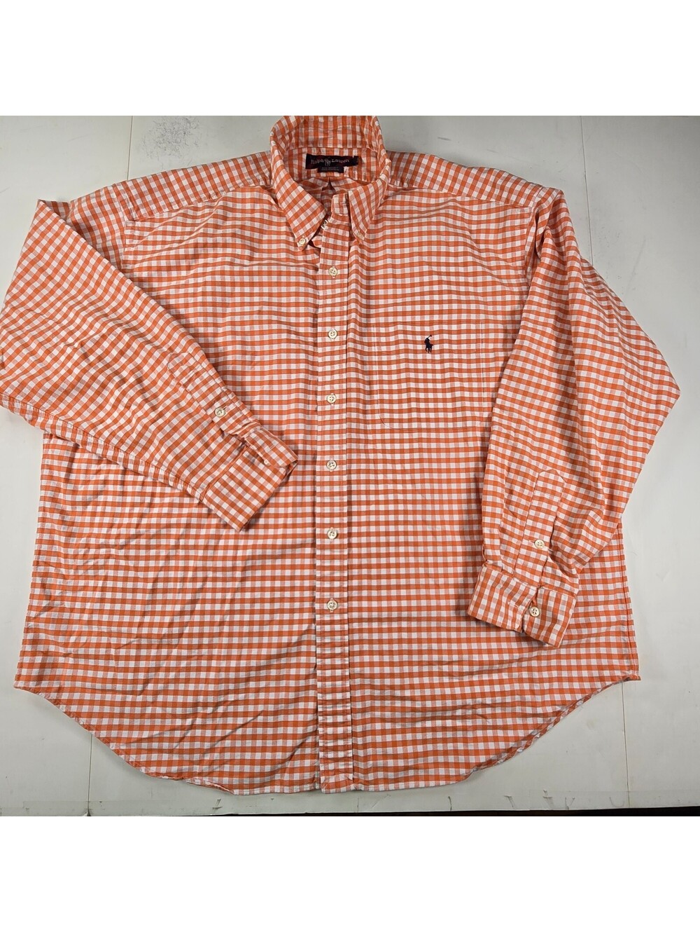 Ralph Lauren Button Down Shirt Orange White Gingham Check Mens Flesh XL Pony